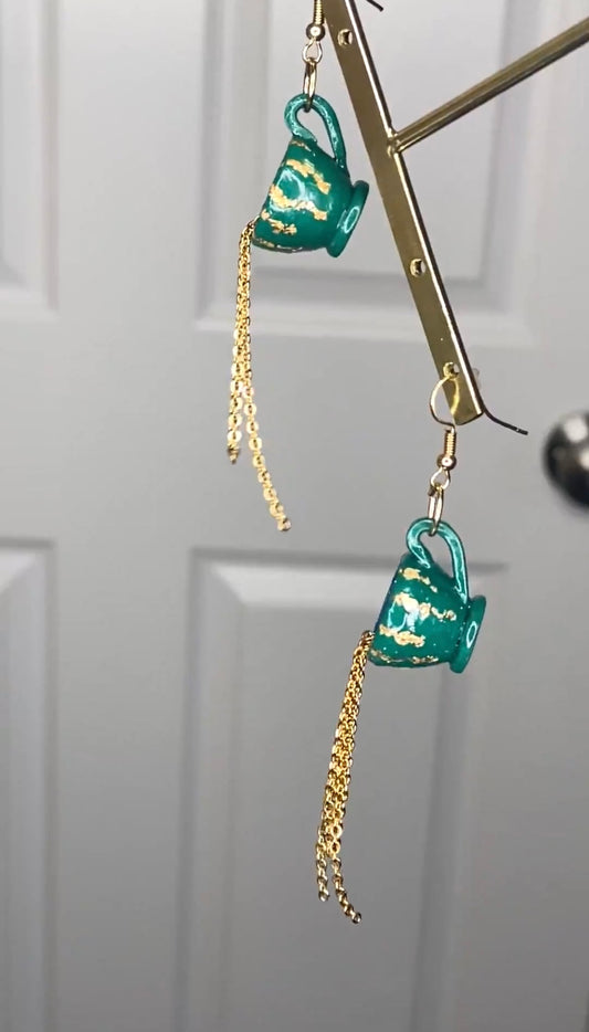 Spilling Teacup Earrings- Green & Gold