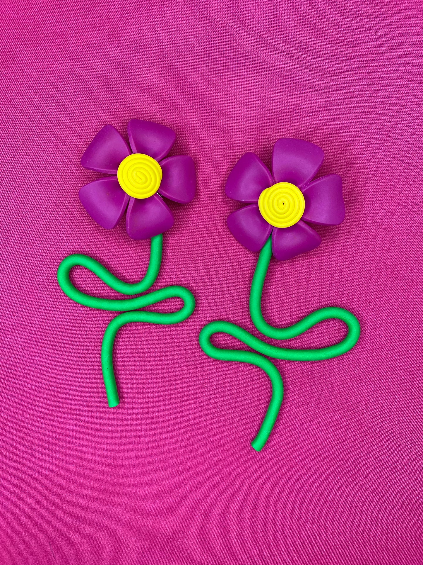 Whimsical Flower Large Dangle Stem Earrings- Fuschia/Yellow