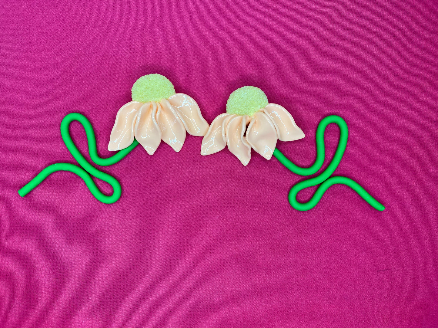 Whimsical Flower Large Dangle Stem Earrings- Peach/Yellow