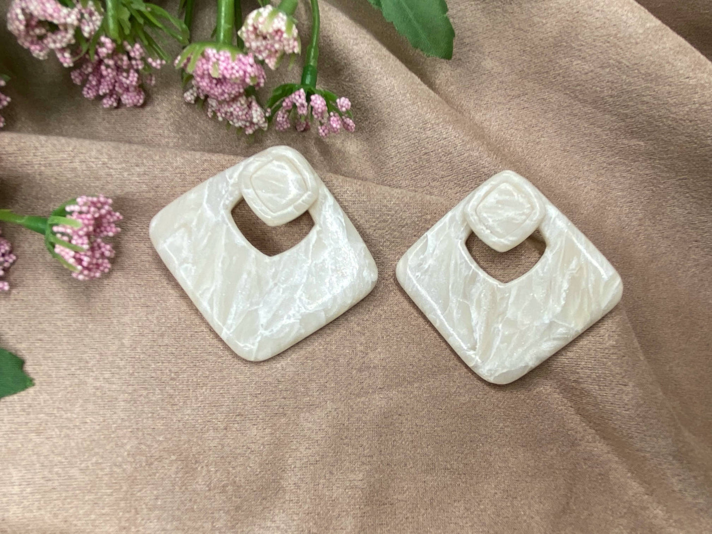 Ivory Quartz Diamond Shaped Cut Out Stud Earrings
