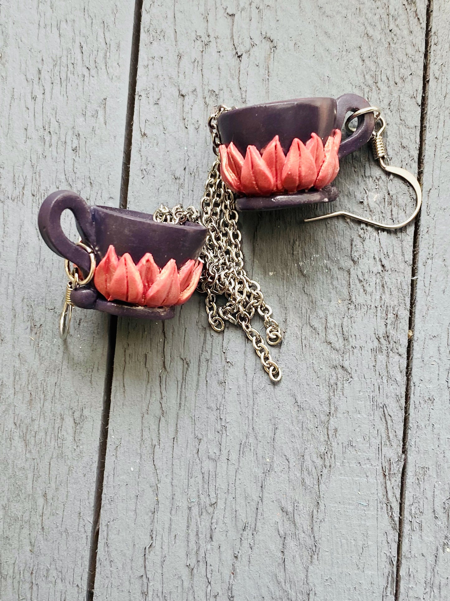 Spilling Teacup Earrings- Violet Gray with Pink Flowers